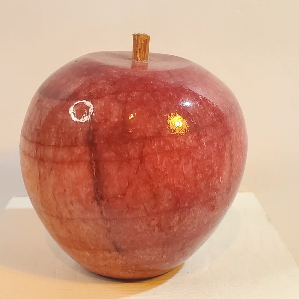 Vtg Alabaster Stone Red Apple Fruit W/ Wood Stem Paperweight Flat Bottom 1.3 LB